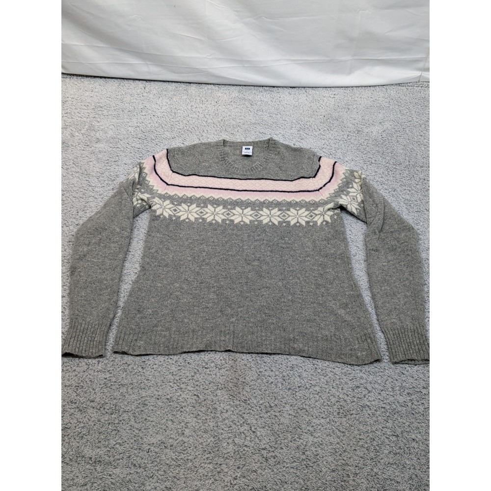Vtg GAP 100% Lambswool Fair Isle Sweater Womens Large Gray Pink Nordic Hong Kong